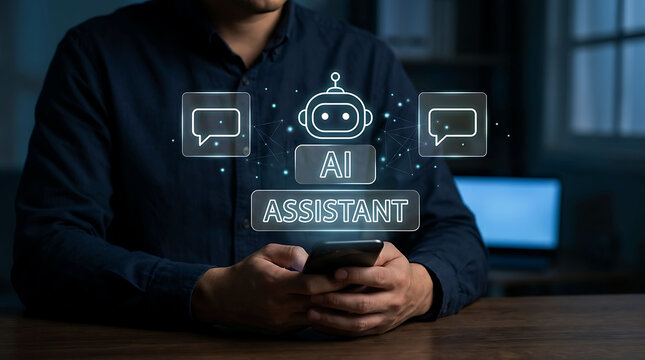 Man using smartphone to chat with AI assistant robot chatbot concept