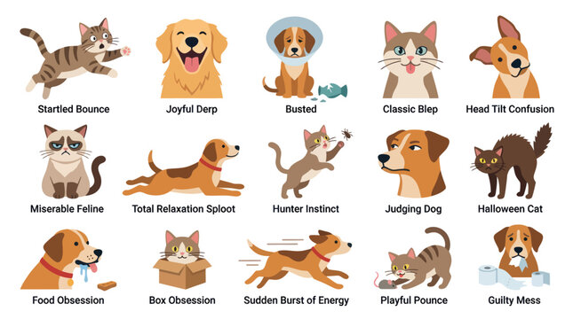Flat Vector Illustration of Cute Pet Cats and Dogs Showing Various Emotions and Behaviors