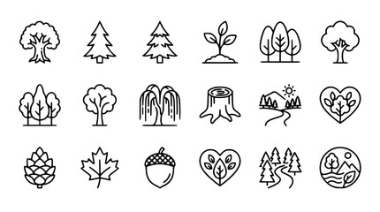 Tree and forest line icon set with nature elements leaves acorn pinecone stump and landscape outline vector signs © MdSabbir