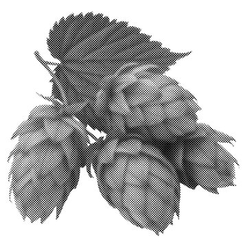 A black and white halftone graphic illustration of a cluster of hop cones, featuring a textured dot pattern style.