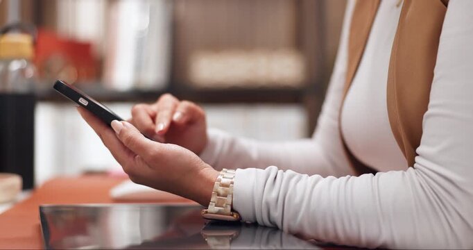 Freelancer, scroll and hands with phone in home office, public relations and texting on social media. Publicist, networking and communication with contact, remote work and person with mobile in house