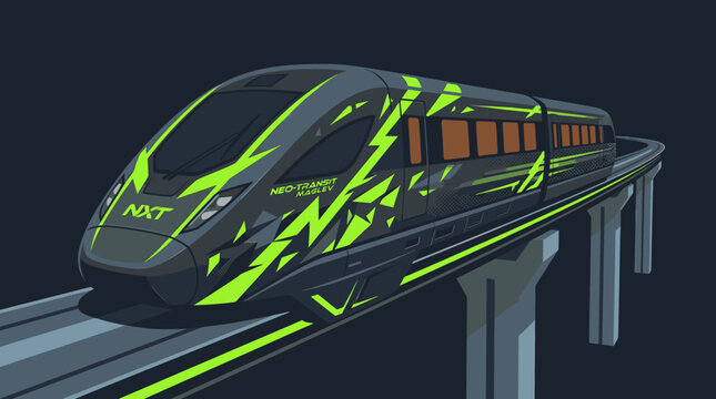High speed Neo transit Maglev Train with Neon Green Design on an Elevated Track for Modern Transportation Concepts