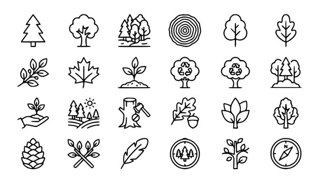 Forestry and nature line icon set with trees leaves timber ecology recycling landscape and outdoor adventure vector elements