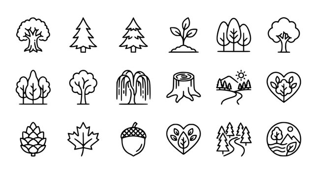 Tree and forest line icon set with nature elements leaves acorn pinecone stump and landscape outline vector signs