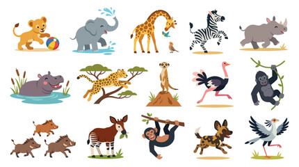 Fototapeta premium Collection of Cute Flat Cartoon African Safari Wild Animals Vector Illustration Set