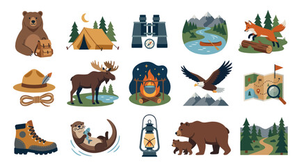 Obraz premium Flat Design Camping Outdoors Icons: Bears, Tent, Fox, Eagle, Map, Boots