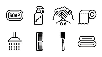 Fototapeta premium A set of eight minimalist line art illustrations showcasing various bathroom essentials including soap, hand washing, toilet paper, shower head, comb, toothbrush, and towels.