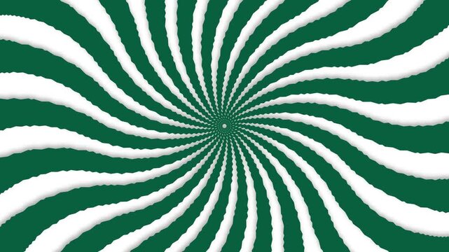 Abstract circular motion pattern with swirling spiral lines in green and white colors slow rotation, Sunburst rotating animation background 4k loop