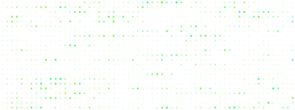 Abstract Digital Pixel Pattern with Scattered Green and Teal Squares on White Background for Modern Graphic Design