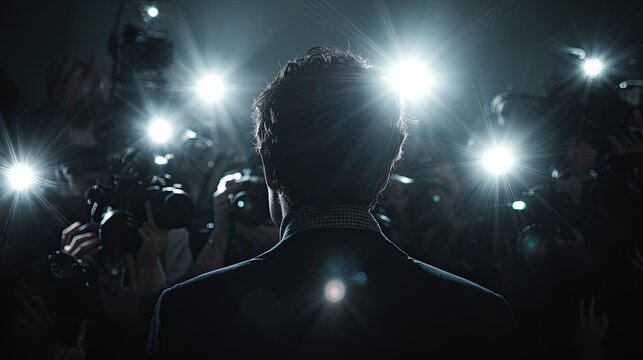Silhouetted figure faces a barrage of flashing cameras, a spotlight moment