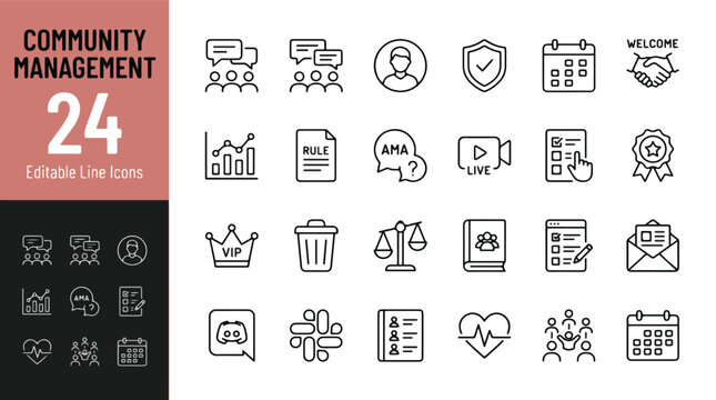 Community management line icon set. Social media moderation, member engagement, online forum, and digital communication collection. Professional outline vector icons with editable stroke for web ui.