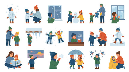Fototapeta premium Flat Vector Illustrations of Children Enjoying Winter Activities