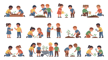 Fototapeta premium Children Planting and Gardening, Flat Design, Vector Illustration