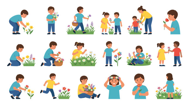 Childhood Fun: Flat Vector Illustration Set of Happy Kids and Adults Picking Spring Flowers in Nature.