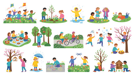 Fototapeta premium Happy Children Engaging in Spring Outdoor Activities and Learning About Nature in Flat Vector Cartoon Style