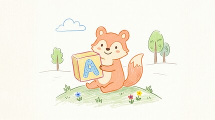 Fototapeta premium A cartoon animal sits on a green hill, holding a yellow block with a blue letter A