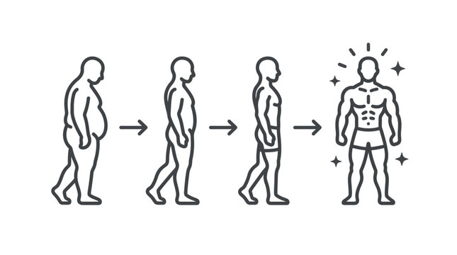 Four stage body transformation sequence from overweight to fit.