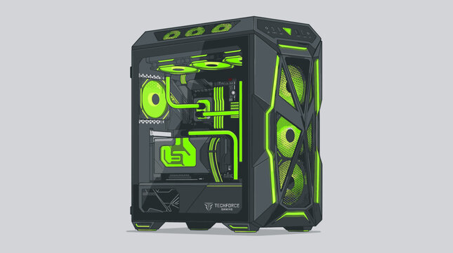 High Tech Computer Case with Neon Green Accents and Cooling System