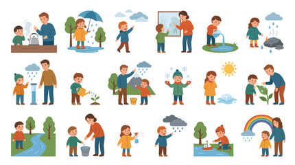 Fototapeta premium Education and Weather Science Flat Vector Illustration Set for Kids Learning Basic Concepts