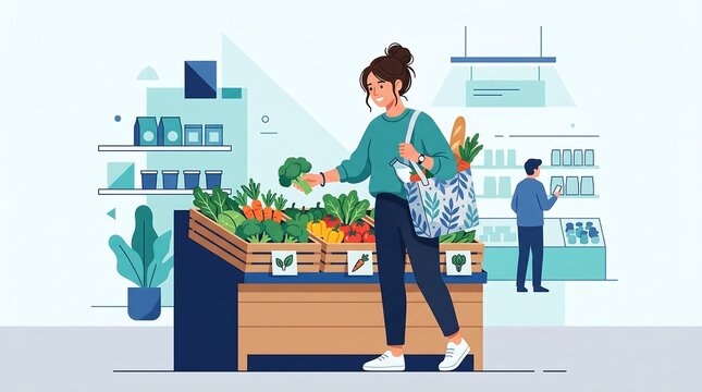 Woman shopping for fresh produce at a grocery store with a bag
