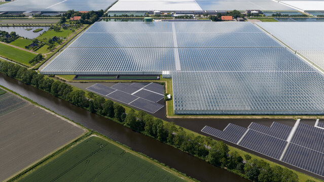 Aerial view of large glass greenhouses and floating solar panels on a canal in the agricultural landscape of Middenmeer, North Holland, Netherlands.
