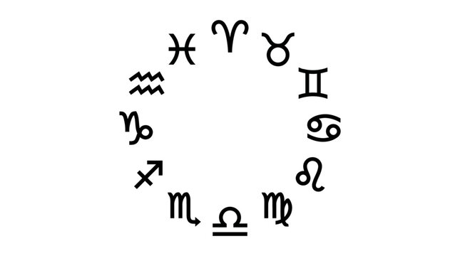 Circle of twelve black zodiac signs on white background