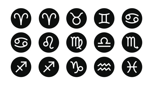 Collection of 12 white zodiac symbols on black circles