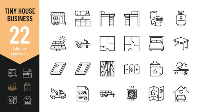 Tiny house business and small living web icons in line style. Mobile home, off-grid, floor plan, solar energy, trailer, and plumbing collection. Professional outline icon set. Editable stroke vector.