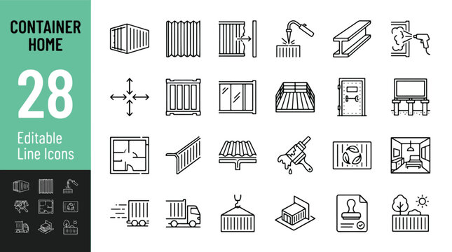 Container home construction and architecture line icons set. Shipping house building, modular living, sustainable prefab home, industrial transport, and tiny house outline icon collection. Editable st
