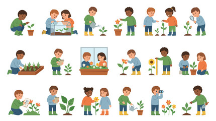 Fototapeta premium Childhood Education Nature Concept: Flat Vector Illustration of Kids Learning About Plants and Gardening.