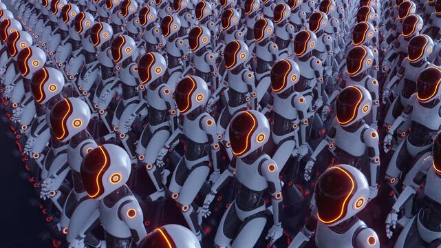 Endless 3d animation loop of a futuristic humanoid robot army walking together. Concept of mass automation, artificial intelligence taking over and technology workforce in a sci-fi cyber world.