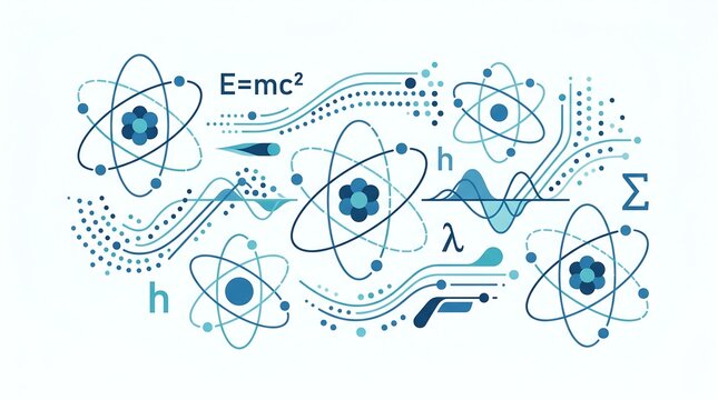 Science concept illustration featuring atoms and physics equations