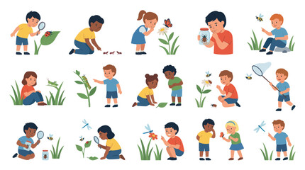 Fototapeta premium Children Exploring Nature with Magnifying Glasses, Bugs, and Nets