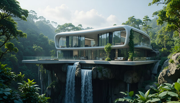4. A luxury futuristic home suspended over a waterfall, transparent walls, AI-controlled interiors, lush green surroundings, cinematic architecture visualization.
