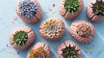 Fototapeta premium Brain planters with succulents and cacti on blue background
