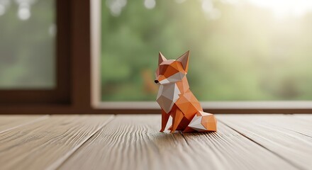 Obraz premium A low-poly fox sits on a wooden deck in front of a large window with greenery outside