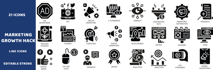 Marketing growth hack vector icons. Digital business line signs set. Social media icon. Strategy © EMON
