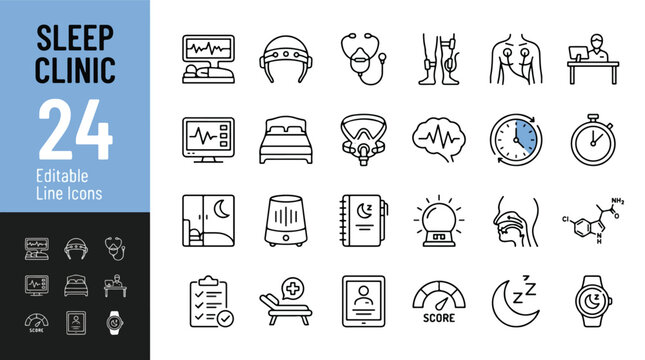 Sleep clinic medical icons set in professional line style. Polysomnography, apnea, snoring, insomnia diagnostics, CPAP therapy, and sleep study equipment collection. Editable stroke vector art.