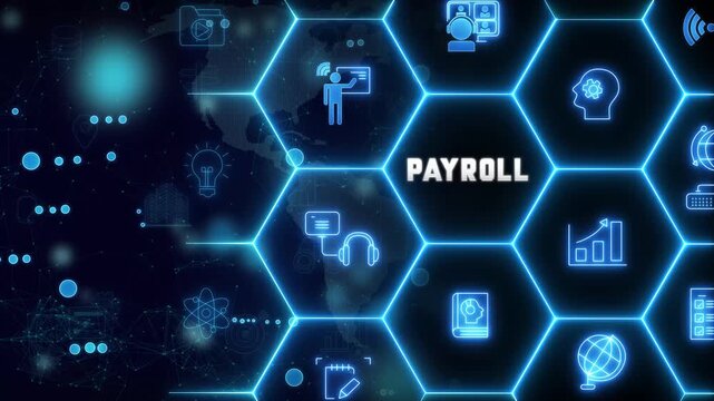 payroll standards quality control assurance warranty business technology concept. Business technology process improvement concept on virtual screen. 4k on transparent.