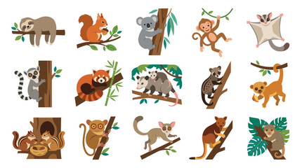 Fototapeta premium Cute Arboreal Animals Flat Vector Illustration Set. Diverse Wildlife Creatures in Trees, Forest, and Jungle.