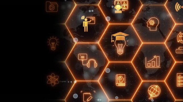 E learning technology concept. Online education, webinar, online courses..AI and machine learning enhance personalised learning. Digital training to employee, customer. 4k motion on transparent