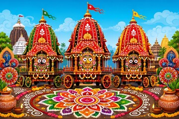 Fototapeta premium Divine Journey of Lord Jagannath Rath Yatra Gundicha Yatra Yatra Snana Yatra Anavasara Suna Besha Niladri Bije Akshaya Tritiya Rama Navami and Narasimha Jayanti