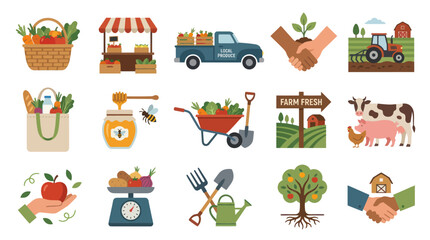 Fototapeta premium Flat Vector Agriculture and Farming Icons Set: Farm Fresh Produce, Animals, Tools, and Market Symbols