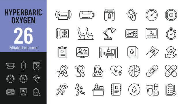 Hyperbaric oxygen therapy medical line icons set. HBOT treatment equipment, pressure chamber, oxygen mask, healthcare monitoring, and recovery icons collection. Professional outline vector symbols.