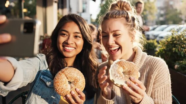 Two young women smiling and taking a selfie with bagels at an outdoor cafe, capturing friendship and casual dining moments