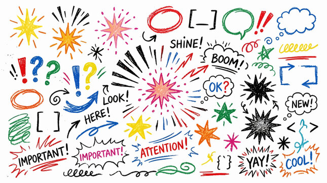 Diverse collection of hand-drawn comic book style explosion and speech bubble elements, perfect for graphic design