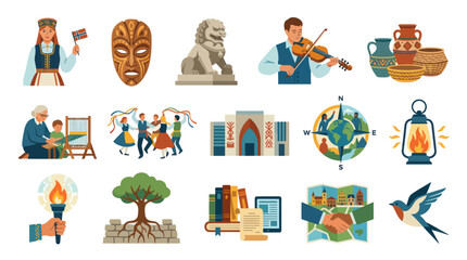 Fototapeta premium Global Culture, Heritage, Education, and Travel Flat Vector Illustration Set with Traditional Symbols