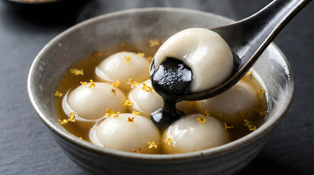 Traditional Chinese Tangyuan with Oozing Black Sesame Filling in Spoon over Ceramic Bowl Food Styling