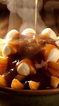 Premium Shot Of Hot Poutine With Gravy Melting Cheese Curds Over French Fries And Steam Rising