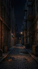 Fototapeta premium Dark urban alleyway at night with cobblestone street and fire escapes